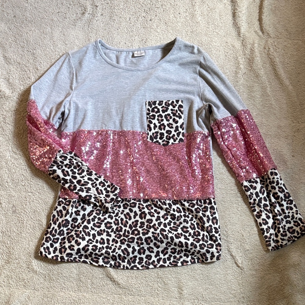 Women's Long Sleeve Leopard and Pink Sequin Top